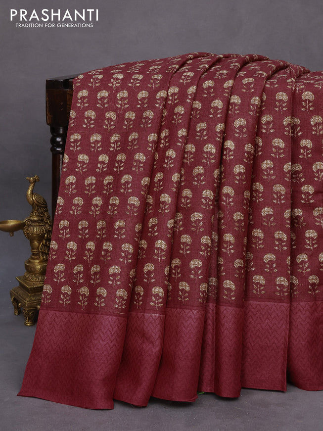 Pure tussar silk saree maroon and pink shade with allover floral butta prints and printed border