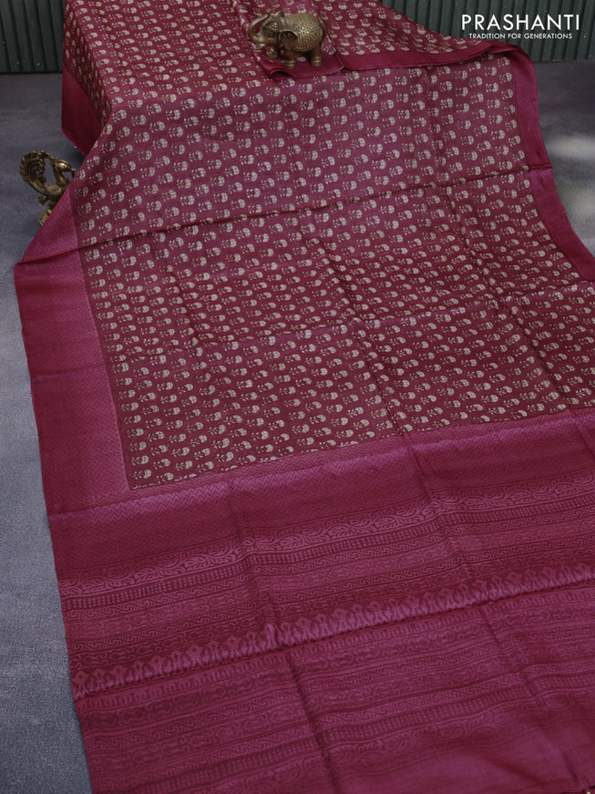 Pure tussar silk saree maroon and pink shade with allover floral butta prints and printed border