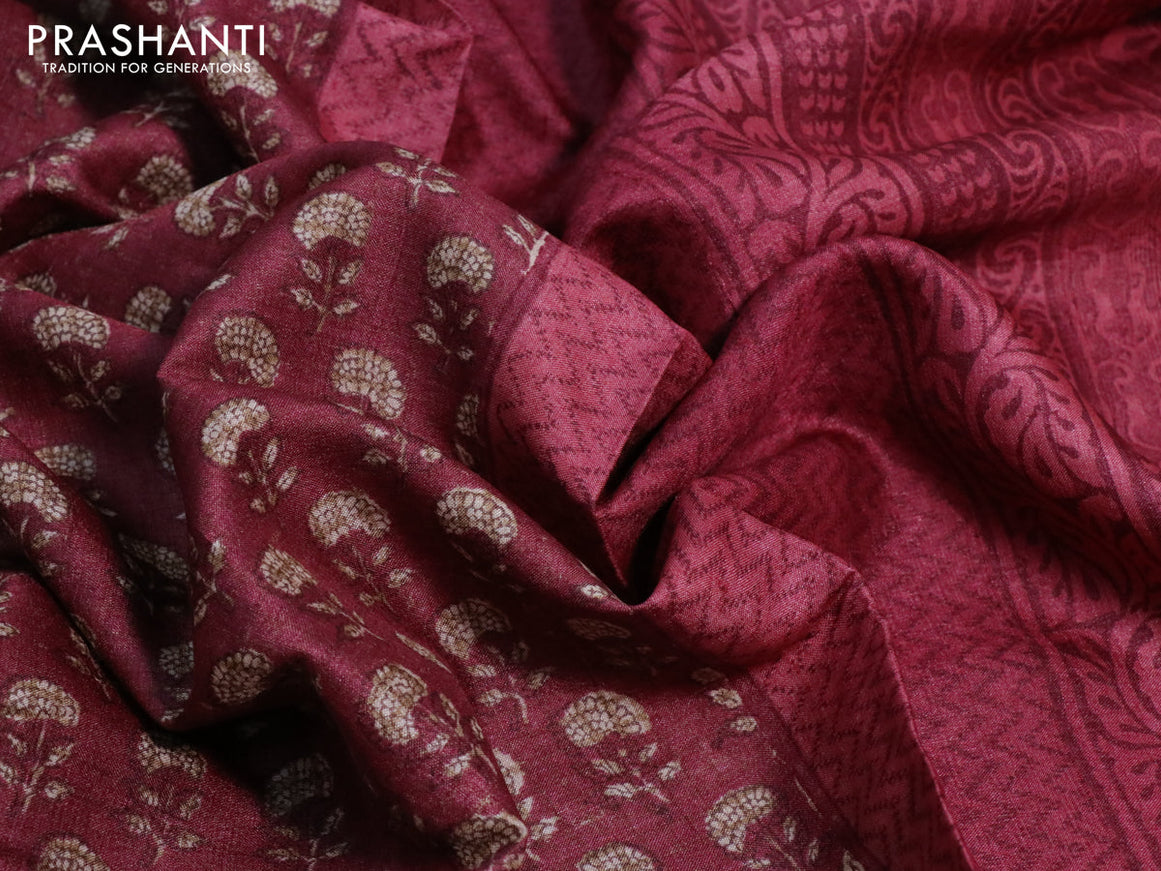 Pure tussar silk saree maroon and pink shade with allover floral butta prints and printed border