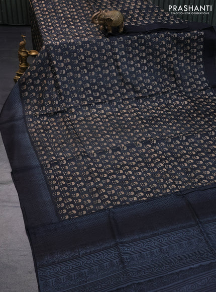 Pure tussar silk saree dark grey and black grey with allover floral butta prints and printed border