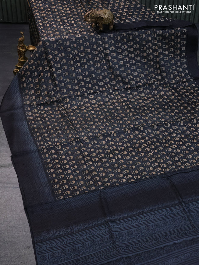 Pure tussar silk saree dark grey and black grey with allover floral butta prints and printed border