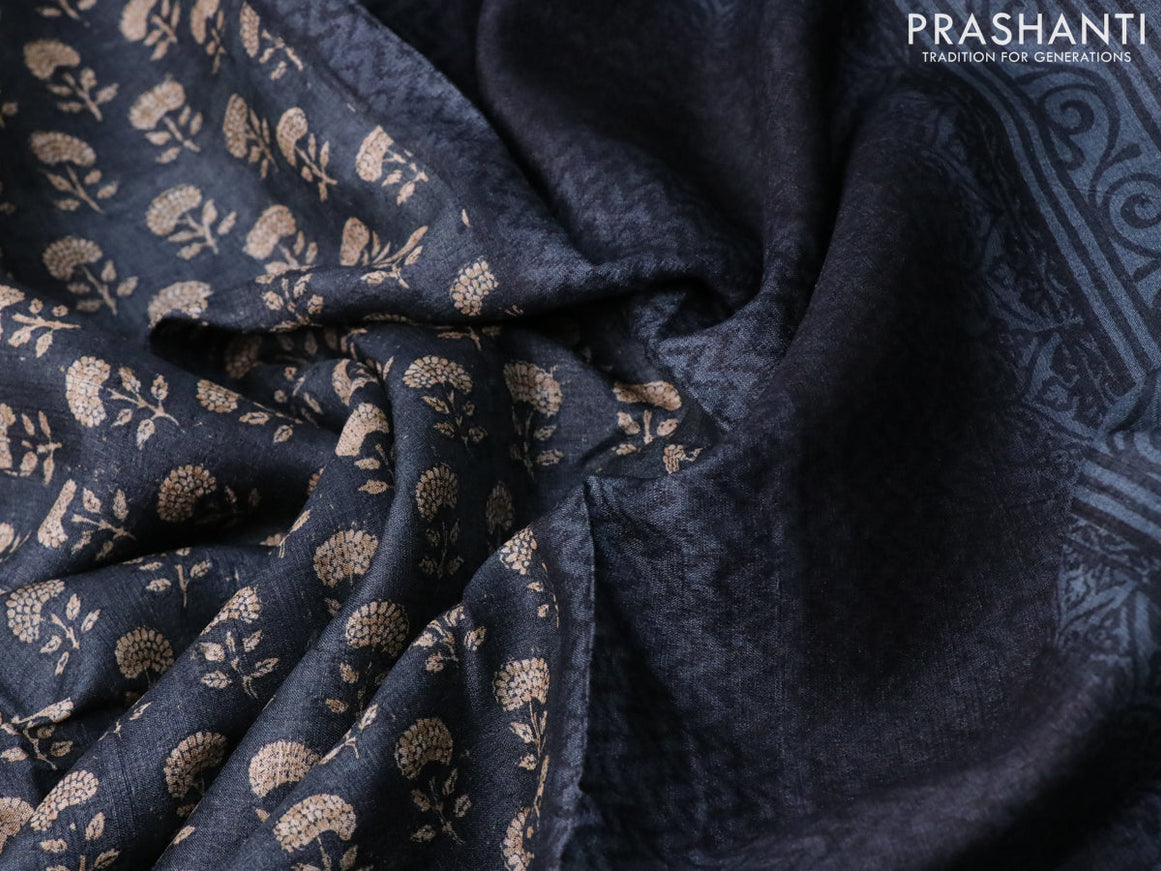 Pure tussar silk saree dark grey and black grey with allover floral butta prints and printed border