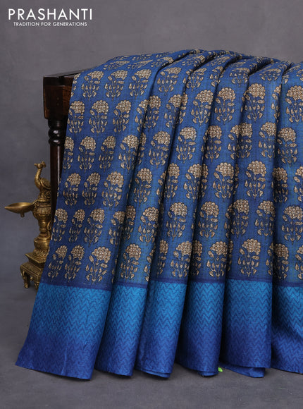 Pure tussar silk saree peacock blue and blue with allover floral butta prints and printed border