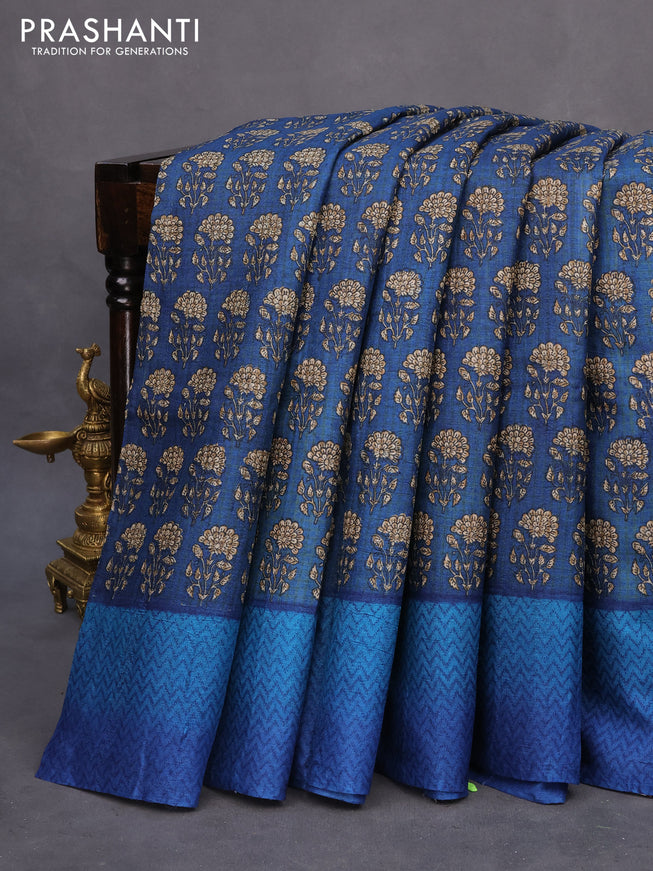 Pure tussar silk saree peacock blue and blue with allover floral butta prints and printed border