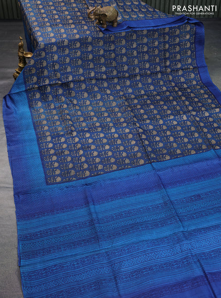 Pure tussar silk saree peacock blue and blue with allover floral butta prints and printed border