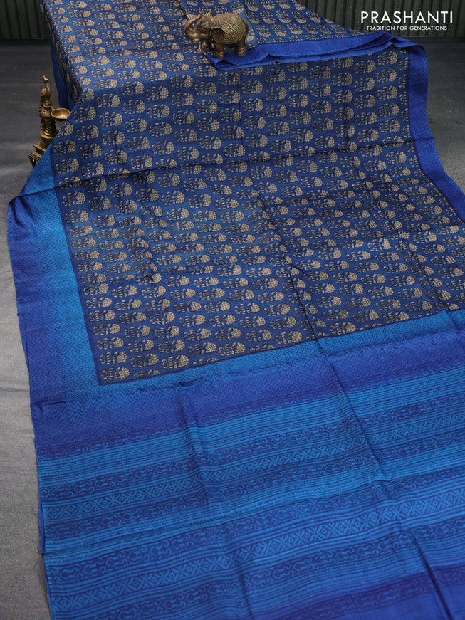 Pure tussar silk saree peacock blue and blue with allover floral butta prints and printed border