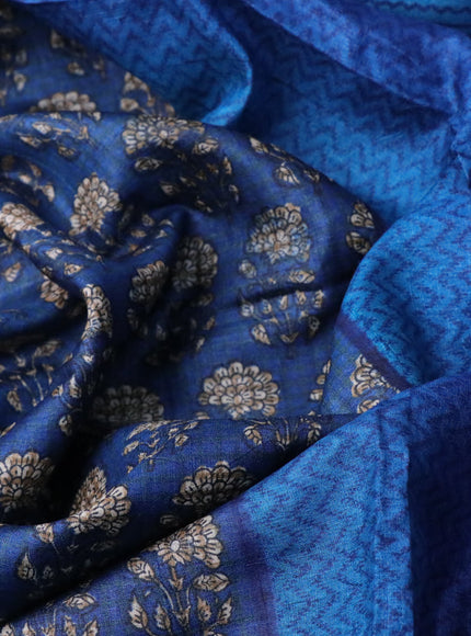 Pure tussar silk saree peacock blue and blue with allover floral butta prints and printed border