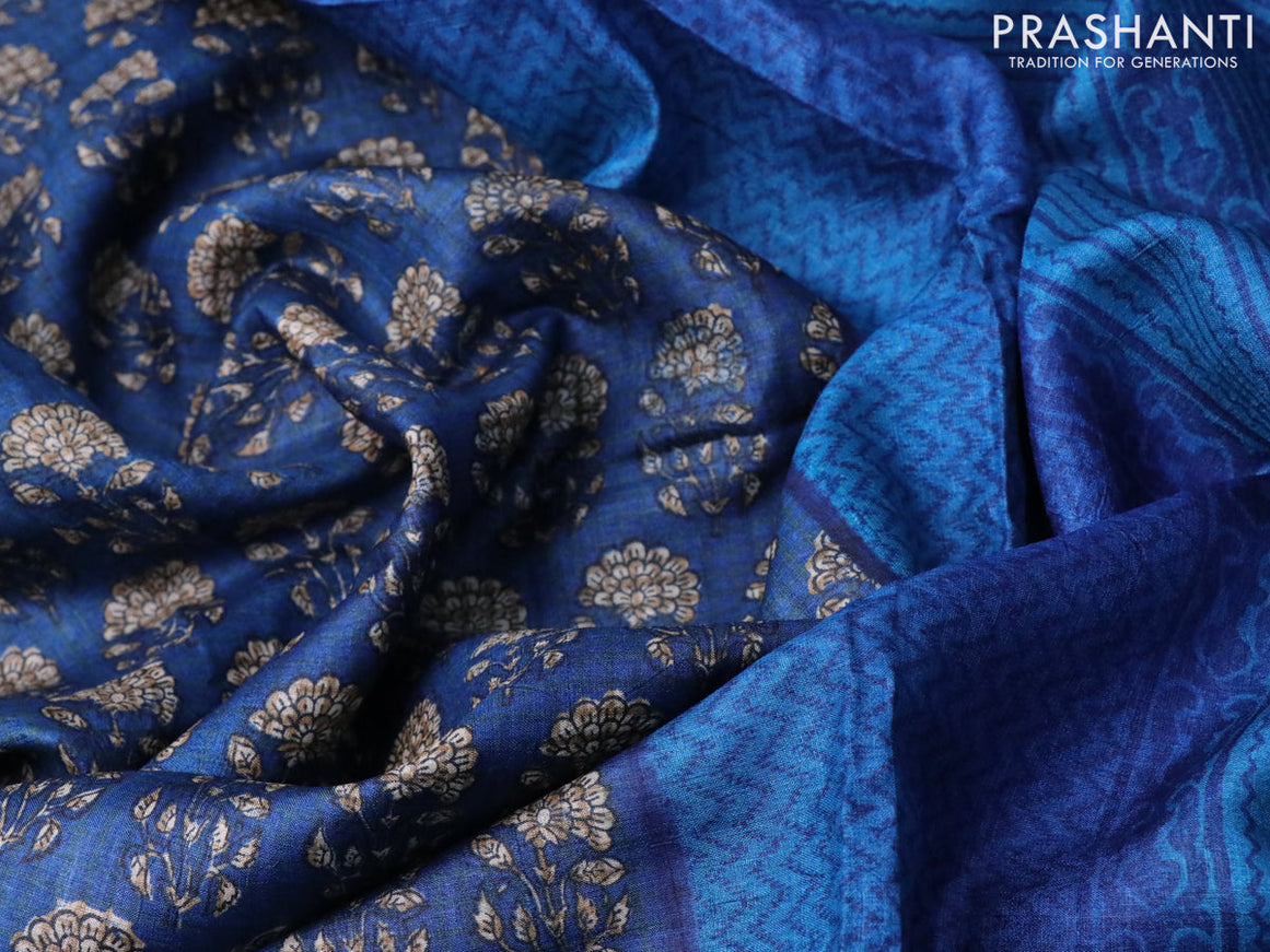 Pure tussar silk saree peacock blue and blue with allover floral butta prints and printed border