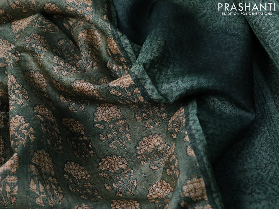 Pure tussar silk saree sap green shade with allover floral butta prints and printed border