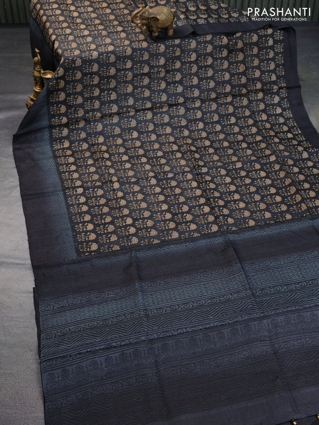 Pure tussar silk saree black with allover floral butta prints and printed border