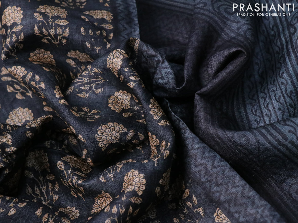 Pure tussar silk saree black with allover floral butta prints and printed border