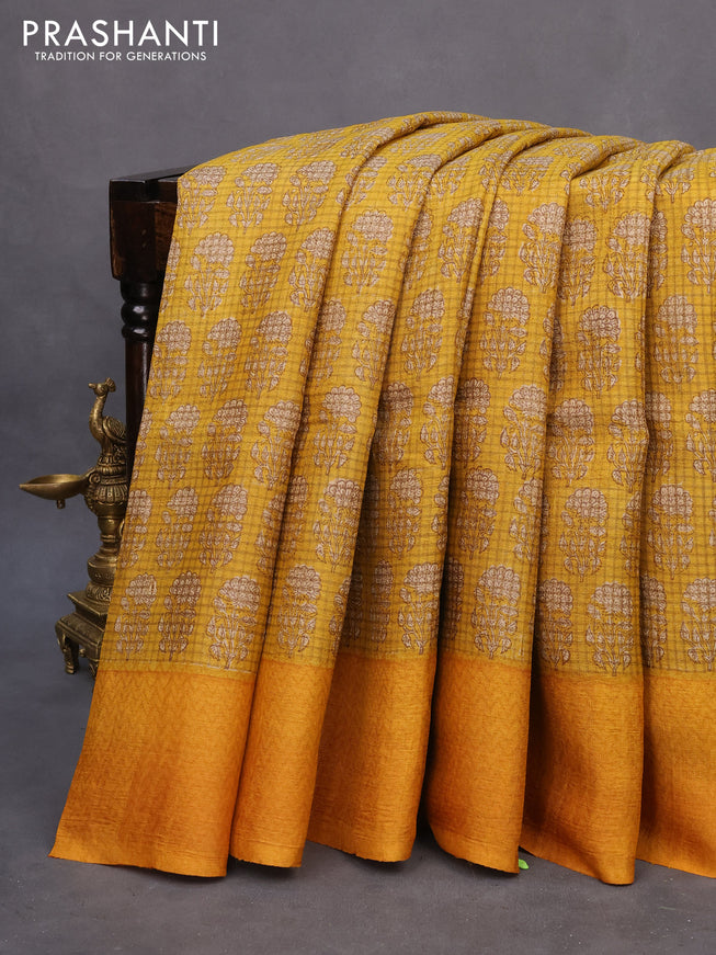 Pure tussar silk saree mustard yellow with allover floral butta prints and printed border