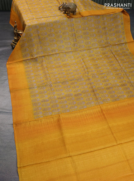 Pure tussar silk saree mustard yellow with allover floral butta prints and printed border