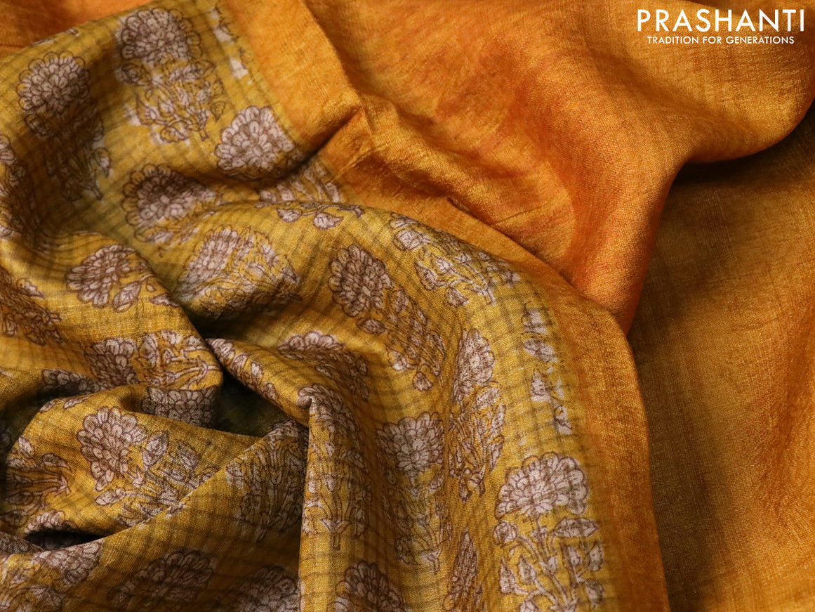 Pure tussar silk saree mustard yellow with allover floral butta prints and printed border