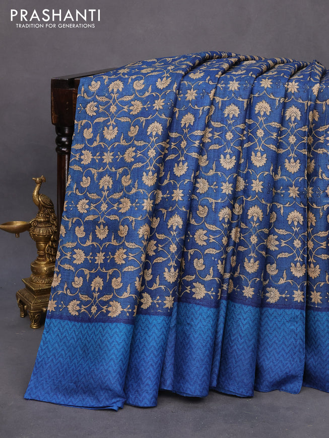 Pure tussar silk saree peacock blue and blue with allover floral prints and printed border