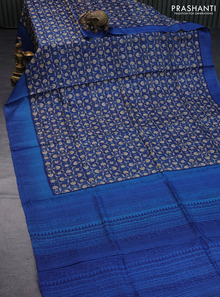 Pure tussar silk saree peacock blue and blue with allover floral prints and printed border