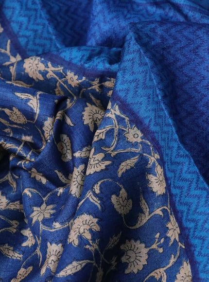 Pure tussar silk saree peacock blue and blue with allover floral prints and printed border