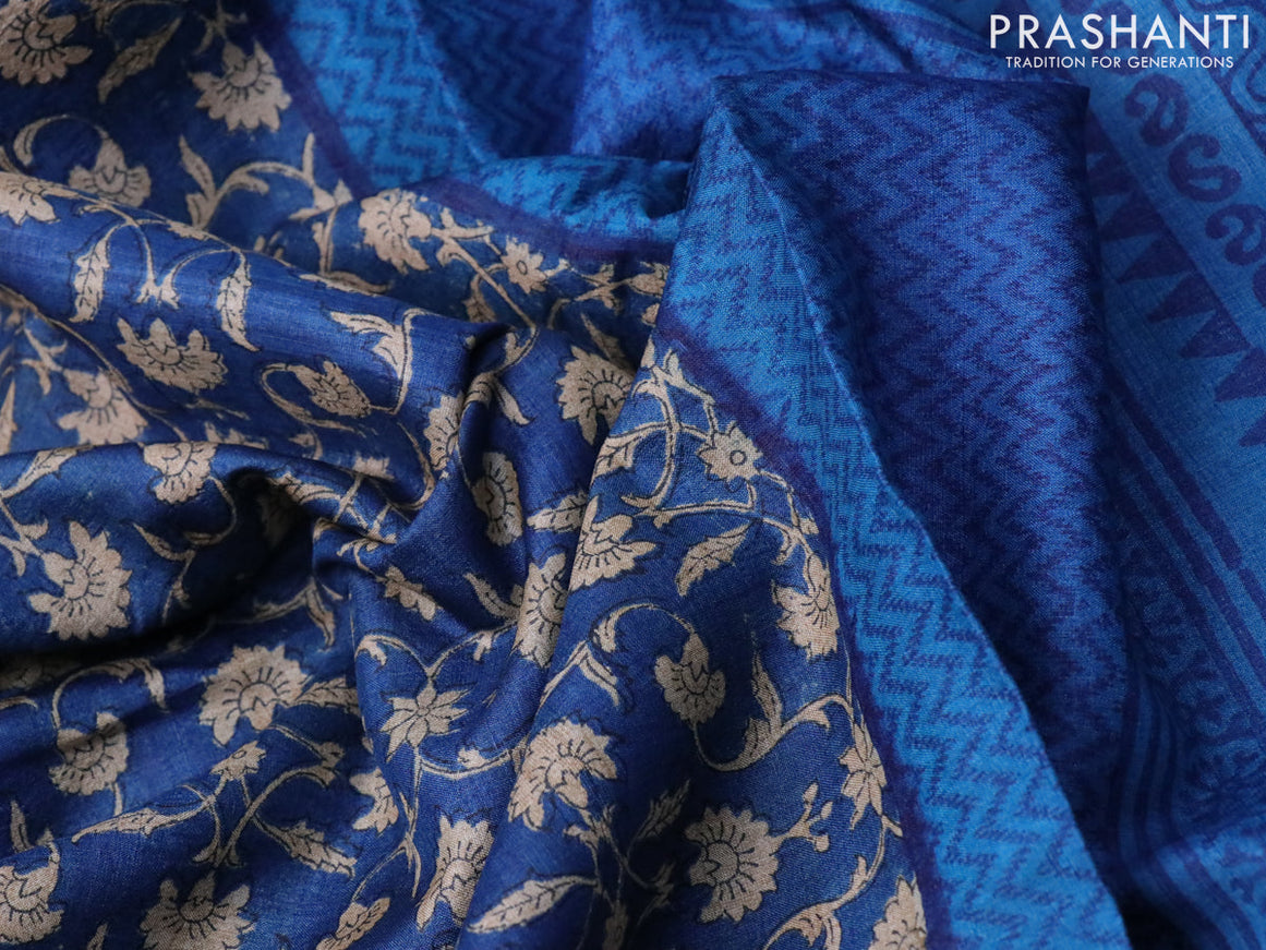 Pure tussar silk saree peacock blue and blue with allover floral prints and printed border