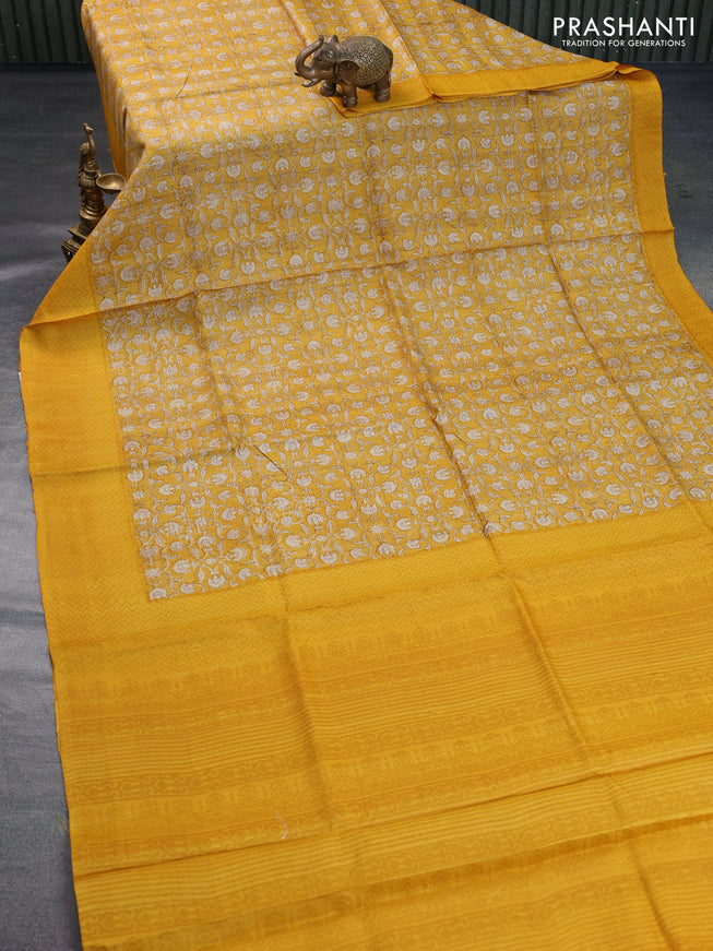 Pure tussar silk saree mustard yellow with allover floral prints and printed border