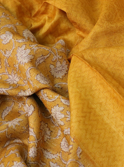 Pure tussar silk saree mustard yellow with allover floral prints and printed border