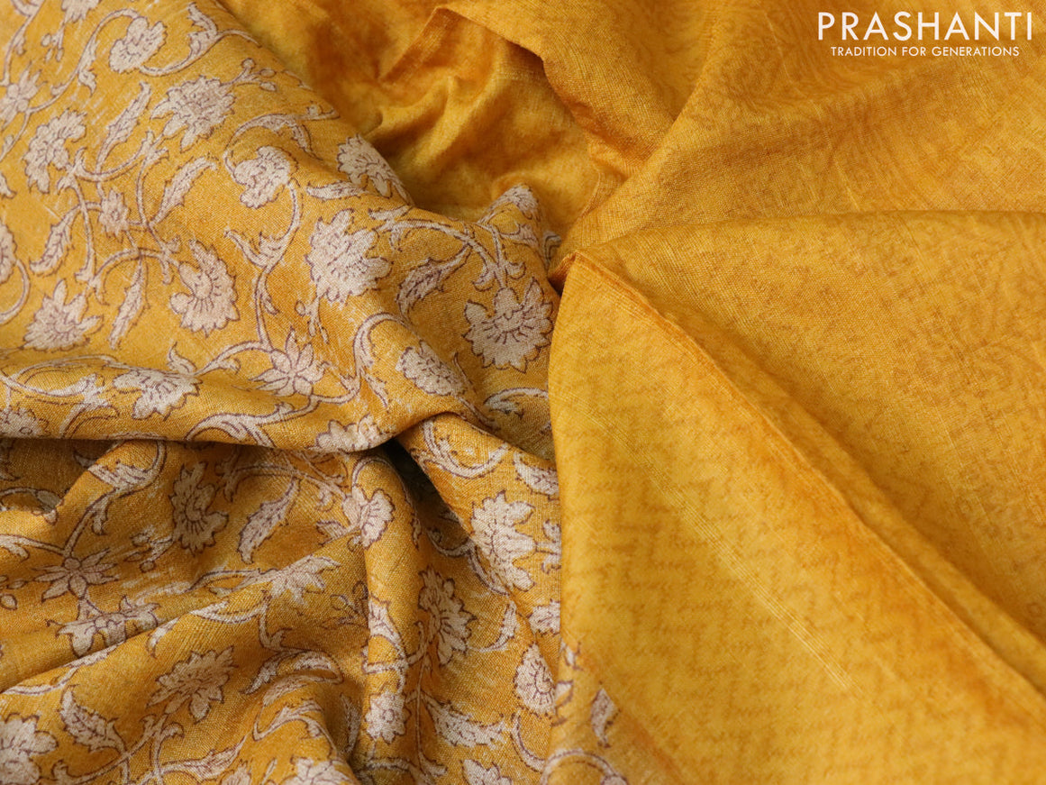 Pure tussar silk saree mustard yellow with allover floral prints and printed border