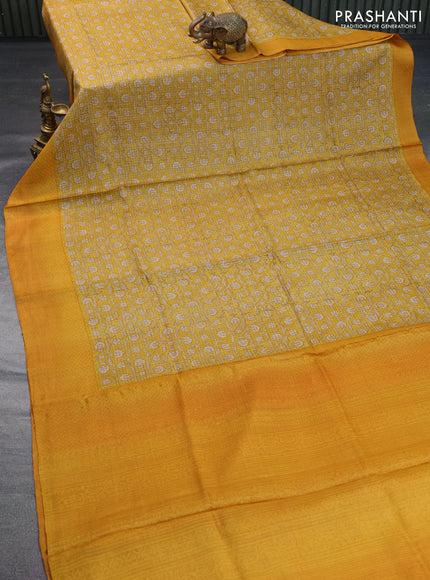 Pure tussar silk saree mustard yellow with allover floral prints and printed border