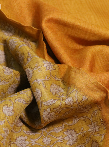 Pure tussar silk saree mustard yellow with allover floral prints and printed border