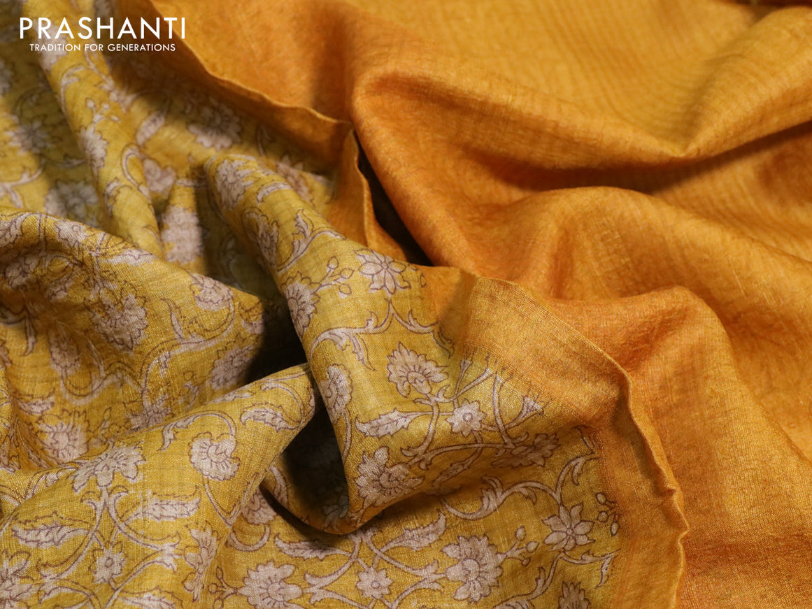 Pure tussar silk saree mustard yellow with allover floral prints and printed border