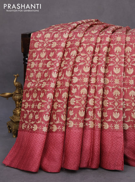 Pure tussar silk saree maroon with allover floral prints and printed border