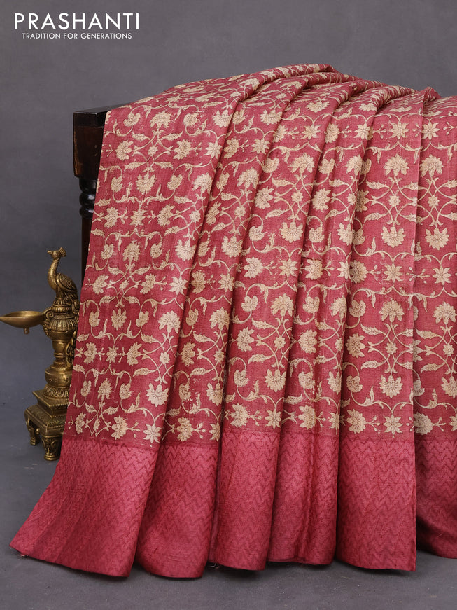 Pure tussar silk saree maroon with allover floral prints and printed border