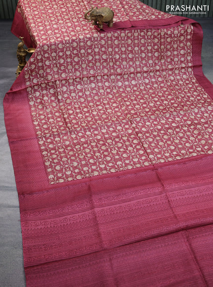 Pure tussar silk saree maroon with allover floral prints and printed border