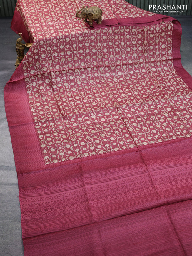 Pure tussar silk saree maroon with allover floral prints and printed border