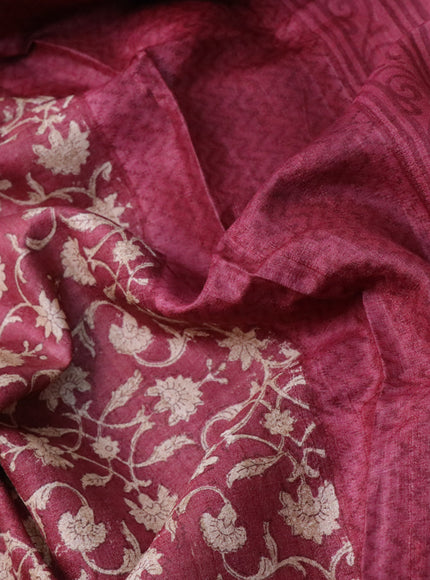 Pure tussar silk saree maroon with allover floral prints and printed border