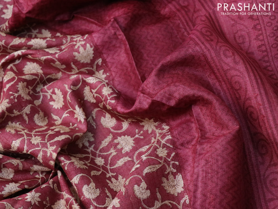 Pure tussar silk saree maroon with allover floral prints and printed border