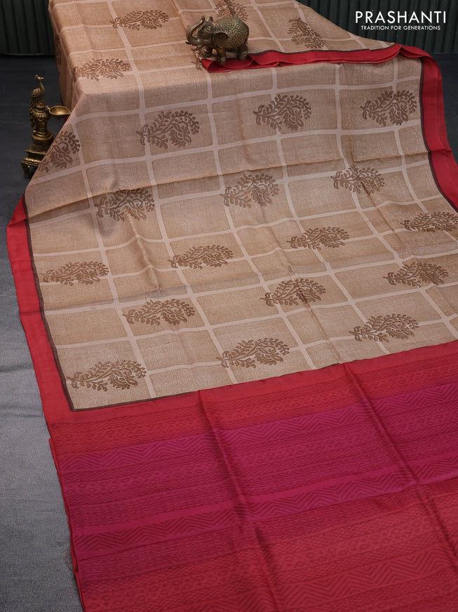 Pure tussar silk saree sandal and kumkum red with allover prints and simple border