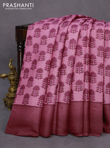 Pure tussar silk saree pink and maroon with allover floral butta prints and printed border