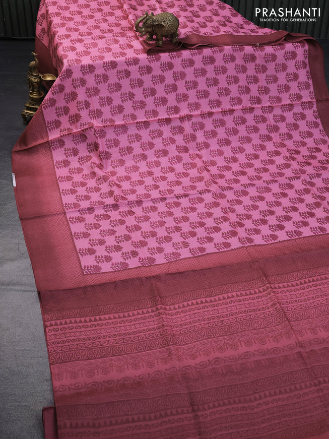 Pure tussar silk saree pink and maroon with allover floral butta prints and printed border