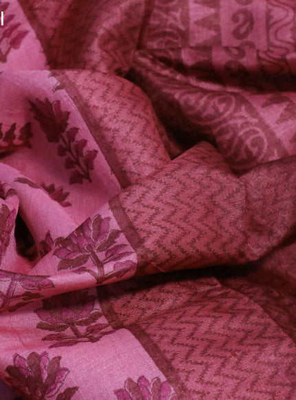 Pure tussar silk saree pink and maroon with allover floral butta prints and printed border