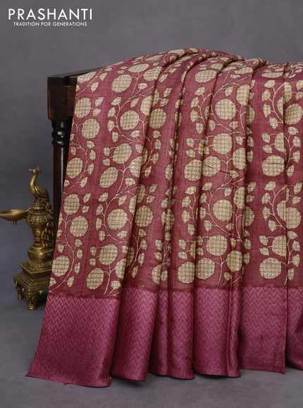 Pure tussar silk saree maroon and magenta pink shade with allover floral prints and printed border