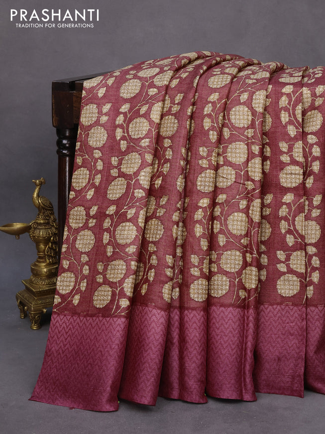 Pure tussar silk saree maroon and magenta pink shade with allover floral prints and printed border