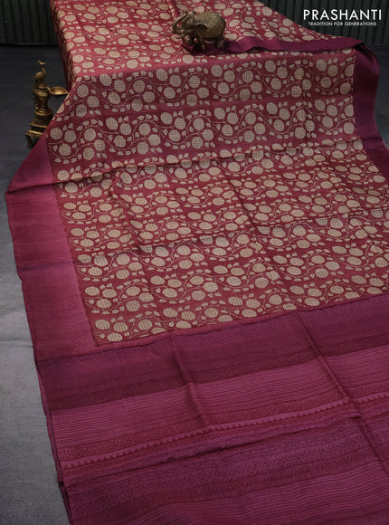 Pure tussar silk saree maroon and magenta pink shade with allover floral prints and printed border