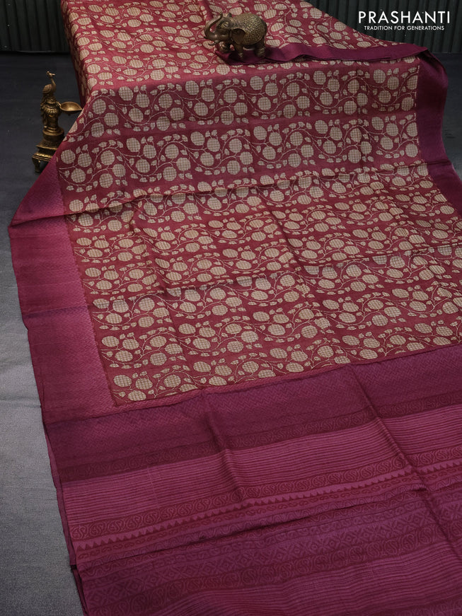 Pure tussar silk saree maroon and magenta pink shade with allover floral prints and printed border