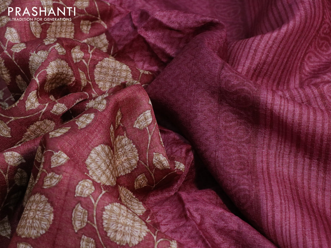 Pure tussar silk saree maroon and magenta pink shade with allover floral prints and printed border