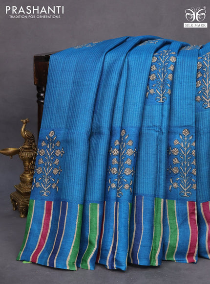 Pure tussar silk saree cs blue and blue with floral butta prints and printed border