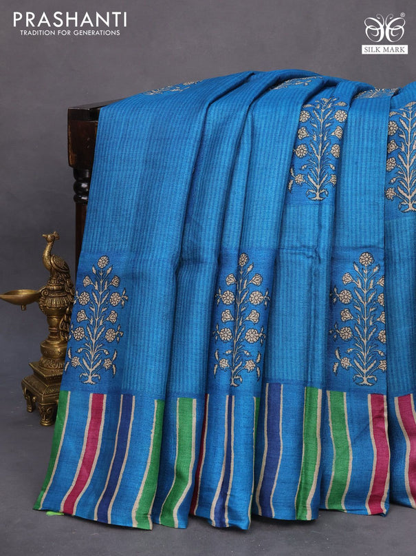 Pure tussar silk saree cs blue and blue with floral butta prints and printed border