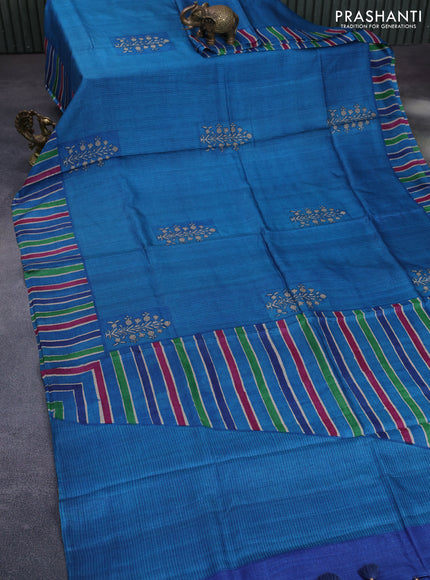 Pure tussar silk saree cs blue and blue with floral butta prints and printed border