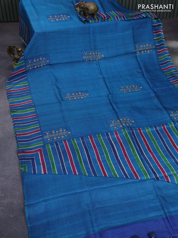 Pure tussar silk saree cs blue and blue with floral butta prints and printed border