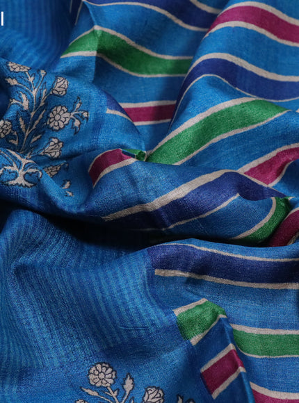 Pure tussar silk saree cs blue and blue with floral butta prints and printed border