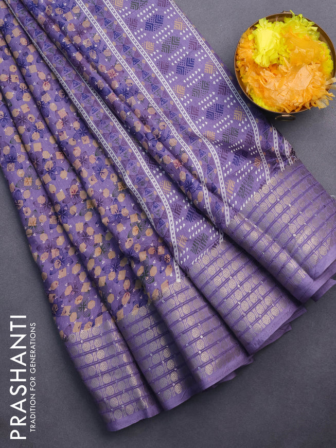 Semi dola saree pastel violet with allover prints and zari woven border