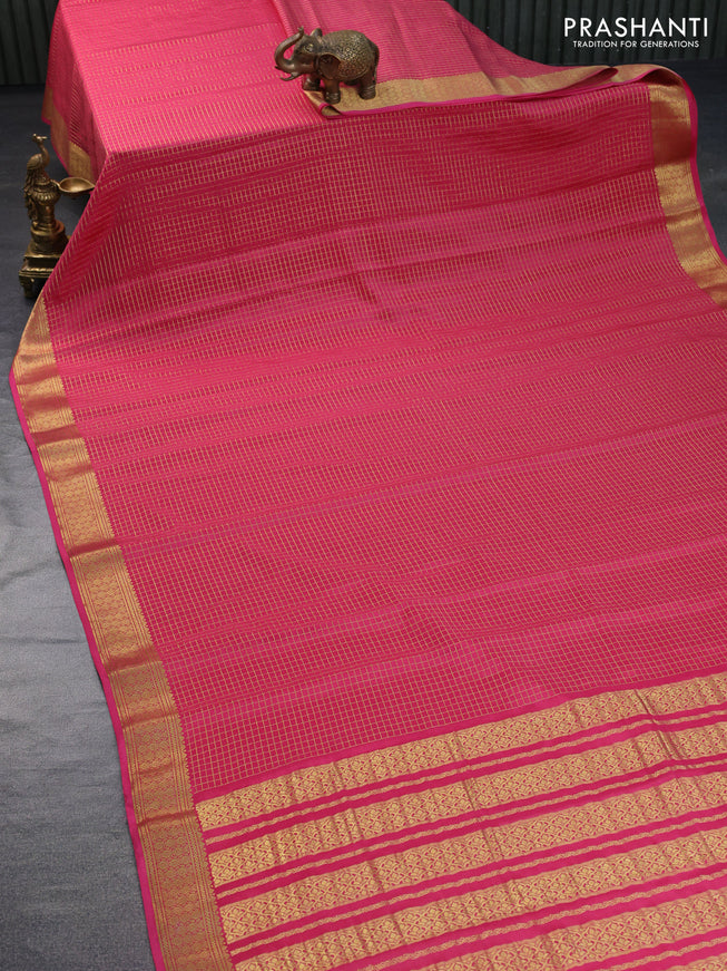 Pure mysore silk saree pink with allover zari checked pattern and zari woven border